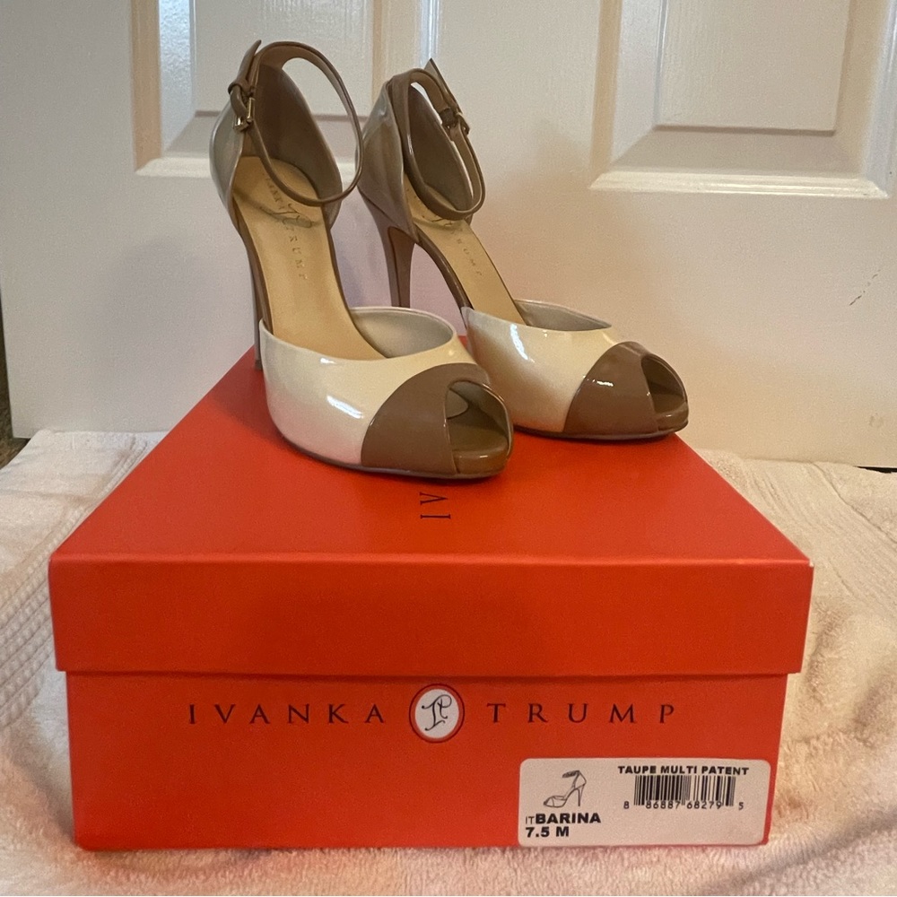 Ivanka Trump taupe patent skinny ankle strap heels